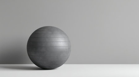 A gray exercise ball rests on a minimalist white surface, set against a plain gray wall, perfect for fitness and wellness themes in modern designs.の素材