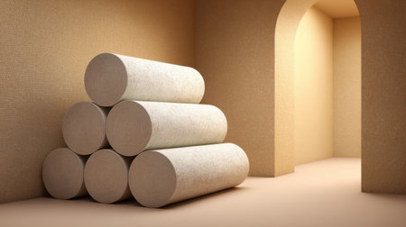 Explore a serene interior showcasing stacked cylindrical elements in soft earthy tones. Ideal for architectural inspiration, minimal decor, and modern design ideas.の素材