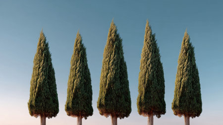 A stunning composition of five tall green cypress trees under a clear blue sky, perfect for conveying tranquility and natural beauty in various settings.の素材