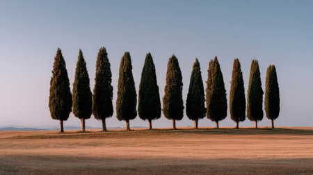 Lush cypress trees aligned elegantly on a gentle hill create a stunning view in the Italian countryside, highlighting nature's beauty during golden hour.の素材