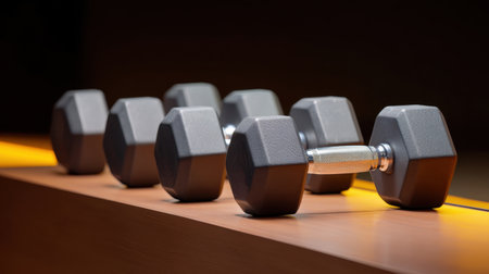 Aesthetic image showcasing a row of hexagonal dumbbells aligned on a wooden surface, enhanced by soft lighting. Ideal for promoting fitness and gym culture.の素材