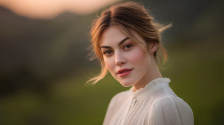 A captivating portrait of a young woman illuminated by soft natural light, showcasing her beauty against a backdrop of lush greenery and a warm sunset.の素材