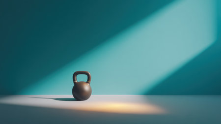 A spotlight shines on a kettlebell, creating a tranquil setting ideal for fitness enthusiasts. The minimalist background enhances the focus on strength and wellness.の素材