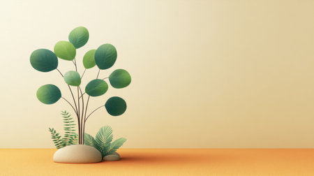 A modern abstract plant arrangement with lush green leaves, set against a soft beige background, ideal for creative projects and contemporary artistic expressions.の素材