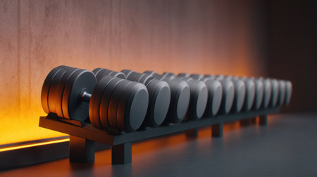 A sleek collection of dumbbells arranged neatly on a rack, highlighted by warm lighting and a modern concrete backdrop, creates an energizing atmosphere for workouts.の素材
