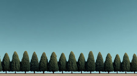 A striking image of a row of tall green trees set against a clear blue sky, evoking feelings of calm and connection to nature in a peaceful outdoor setting.の素材