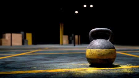 A solitary kettlebell sits on a gym floor, surrounded by minimalistic industrial elements. The focus highlights fitness, strength training, and workout intensity in a dark space.の素材