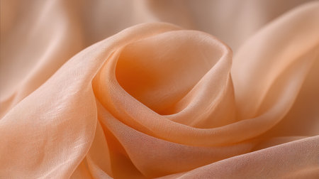 This close-up image features a soft peach satin fabric with a delicate texture, showcasing the flowing drapery and gentle curves, perfect for design projects.の素材