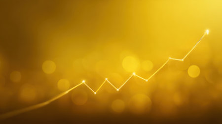 This vivid golden background showcases a dynamic trend line graph, symbolizing financial growth and success, enhanced by a captivating bokeh effect. Perfect for business and finance themes.の素材