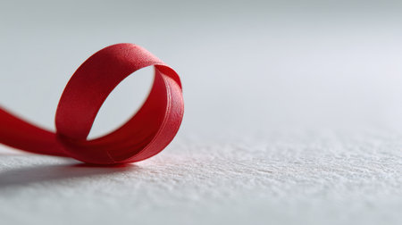 A graceful red ribbon loop rests against a soft white surface, perfect for holiday decorations, gifts, or creative projects, embodying minimalist elegance and charm.の素材