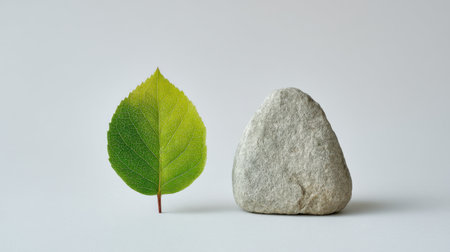 A simple yet striking image featuring a vibrant green leaf beside a smooth, gray rock, representing the natural balance between organic and mineral elements in a minimalistic style.の素材