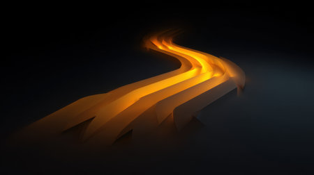 An abstract representation of a glowing road creates a serene atmosphere in a dark space, embodying movement and direction with elegant light patterns.の素材