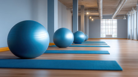 Bright fitness studio featuring blue exercise balls lined on yoga mats, creating a serene and motivating environment for workouts and wellness activities.の素材