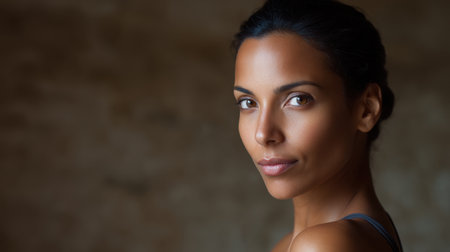 This captivating portrait captures a confident woman with radiant skin and expressive eyes, set against a soft backdrop, embodying beauty and serenity in every detail.の素材