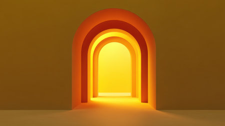 This captivating image features layered arches in warm orange and yellow tones, creating a mesmerizing pathway that invites exploration and inspires creativity.の素材