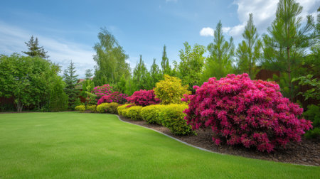 This image captures a picturesque garden with vibrant flowers and lush green grass under a bright blue sky, creating a peaceful and serene outdoor setting.の素材