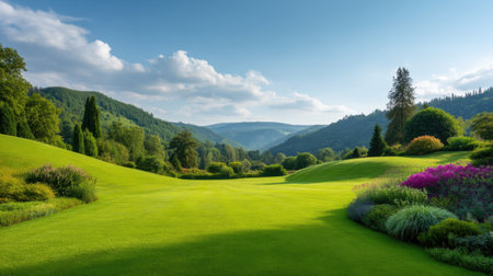 A captivating green landscape showcasing rolling hills, lush grass, and vibrant flowers under a clear blue sky, perfect for relaxation and outdoor adventures.の素材