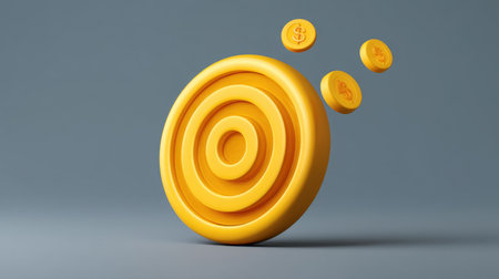 A three-dimensional bright yellow target accompanied by coins, symbolizing financial goals and achievements, set against a smooth gray backdrop, ideal for business concepts.の素材