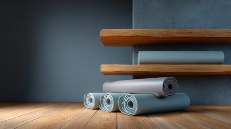 A serene home setting features colorful rolled yoga mats on a wooden floor, complemented by modern shelves. Ideal for promoting wellness and relaxation.の素材