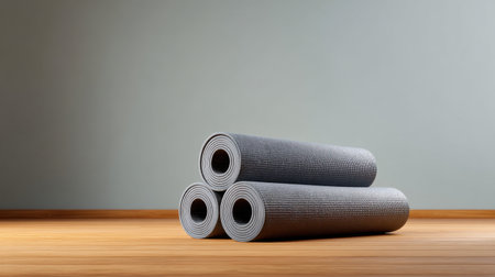 Three rolled exercise mats sit stacked on a wooden floor, creating a serene atmosphere. The soft blue wall adds a calming touch, ideal for fitness or yoga visuals.の素材
