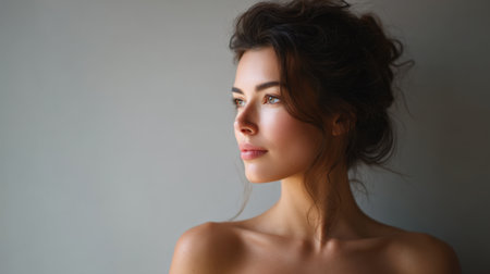 A captivating portrait of a young woman with natural beauty, her soft features illuminated by gentle light as she gazes thoughtfully, creating a serene and elegant atmosphere.の素材