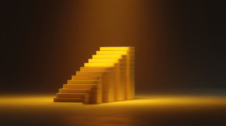 A striking visual of golden stairs created from stacked blocks, lit dramatically in a shadowy setting. This image symbolizes success, growth, and creativity in design.の素材