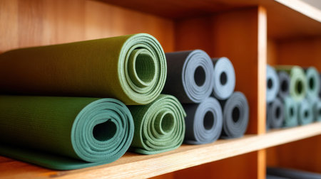 An inviting scene of neatly arranged yoga mats in calming colors, perfect for promoting health and wellness. Ideal for fitness, exercise, and personal growth themes.の素材