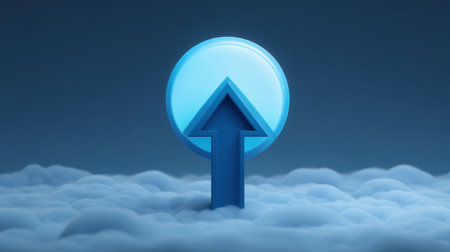 A blue upward arrow icon rises above a soft cloud formation, set against a dark blue background. This image symbolizes growth and positive direction in various contexts.の素材