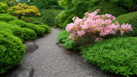 Discover a serene garden path surrounded by lush greenery and vibrant pink azalea flowers. This tranquil scene invites relaxation in a picturesque natural landscape.の素材