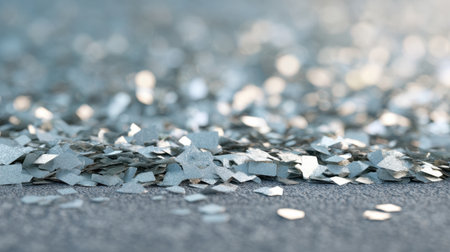 A close-up view of shimmering silver glitter particles scattered on a smooth surface. The glint of light creates a playful and festive atmosphere, perfect for occasions.の素材