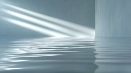 A tranquil scene featuring a calm water surface reflecting soft light rays in a minimalistic space. This image conveys serenity, elegance, and contemporary design.の素材