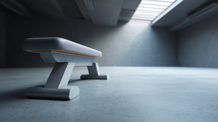 A sleek gym bench showcased in a minimalist fitness studio, highlighting elegance with soft natural light illuminating a polished concrete floor, ideal for workout inspiration.の素材