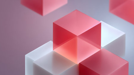 This abstract composition features translucent cubes with gradients and soft lighting, perfect for modern digital art or design projects that require a vibrant aesthetic.の素材