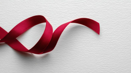 This image features a smooth, elegant red ribbon gracefully curling on a textured white background, ideal for wrapping gifts or enhancing creative projects.の素材