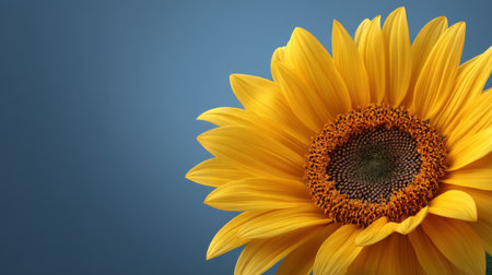 Stunning close-up of a sunflower with bright yellow petals set against a soft blue background, perfect for nature lovers and floral collections.の素材