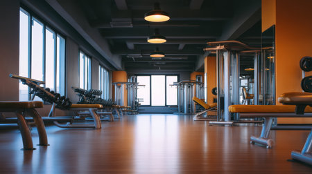 A spacious and modern gym featuring fitness equipment arranged thoughtfully with large windows allowing natural light to pour in, creating an inviting atmosphere.の素材