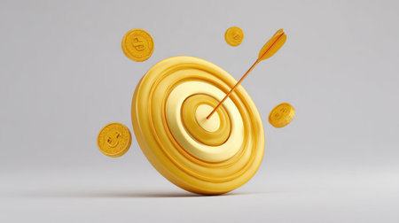 This 3D illustration features a golden target with an arrow hitting the center, surrounded by coins, symbolizing success, investment, and financial achievements in business.の素材