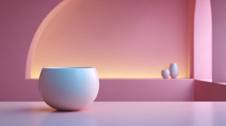 A minimalist still life featuring a white bowl on a table against a soft pink background, creating a serene ambiance perfect for modern home decor inspiration.の素材