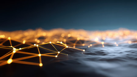 A captivating abstract digital landscape featuring glowing connections and waves, illustrating the intersection of technology and modern innovation in vibrant tones.の素材
