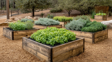 Discover a beautiful herb garden featuring lush plants in wooden planters surrounded by nature. Perfect for outdoor spaces, this serene environment promotes fresh growth.の素材