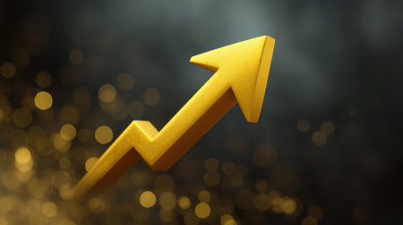 A vibrant golden arrow rises against a softly blurred background, embodying concepts of growth, success, and positive movement in various fields like finance and business.の素材