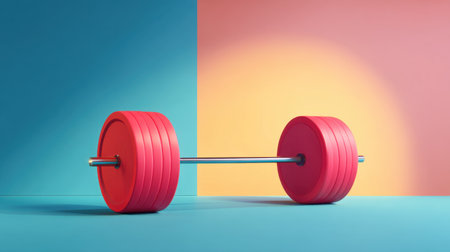 A bright pink dumbbell rests on a colorful backdrop, ideal for fitness enthusiasts. This image captures energy and motivation for active lifestyles and wellness goals.の素材