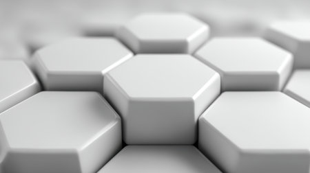 This image features a close-up view of glossy white hexagons, creating an abstract geometric background. The smooth texture and soft focus enhance modern design applications.の素材