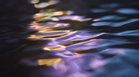 A serene and abstract image showcasing colorful lights beautifully reflected on a calm water surface at twilight, evoking feelings of tranquility and artistic inspiration.の素材