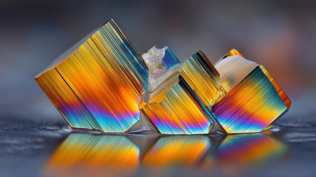 This vivid close-up captures a stunning crystal formation showcasing brilliant colors and iridescent reflections, perfect for art and nature enthusiasts.の素材