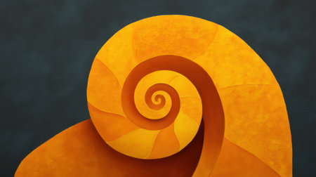 This vibrant illustration features an abstract spiral shell design with bright orange tones against a dark background, highlighting natural geometry and artistic flair.の素材