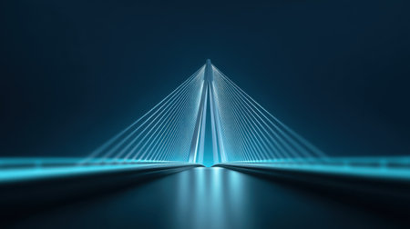 A captivating image of a modern bridge illuminated by soft blue lights, showcasing intricate cable design against a serene night sky, symbolizing urban innovation.の素材