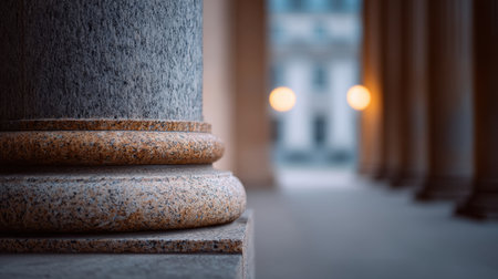 This image captures a close-up of a stone column base against a softly blurred background, highlighting warm lights and architectural beauty in a serene setting.の素材