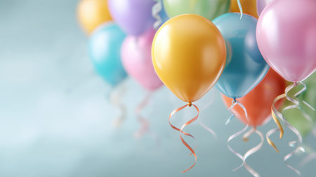 A lively scene showcasing a variety of colorful balloons drifting in the air. These balloons add a joyful ambiance to any festive event or celebration setting.の素材