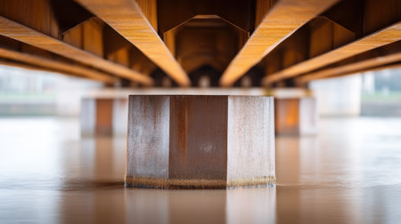 An artistic close-up shot capturing the intricate details of wooden pillars supporting a bridge over calm water, highlighting the natural textures, reflections, and architectural beauty.の素材